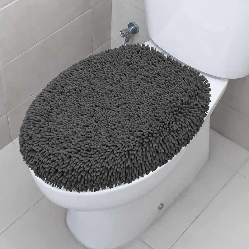 TREETONE Shaggy Chenille Bathroom Toilet Lid Cover, Ultra Soft Plush Seat Covers, Fluffy Absorbent, 19x21 Inches, Standard Toilet Lids for Bathroom Machine Wash & Dry, Charcoal Gray - Image 1